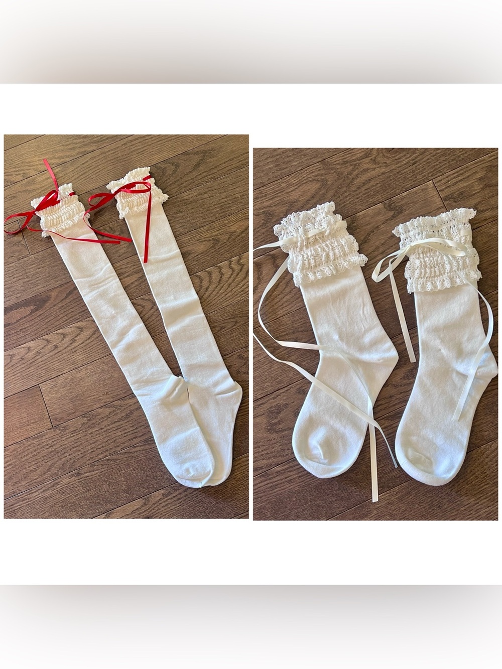 Lolita Style Sock Set Lace Ruffle Ribbon Tie OTK & Crew White